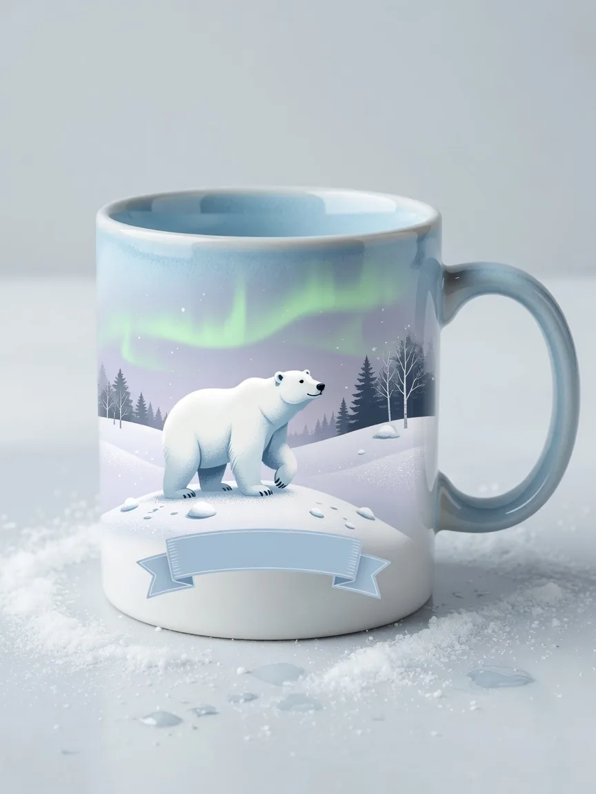 White souvenir mug with a polar bear on snow
